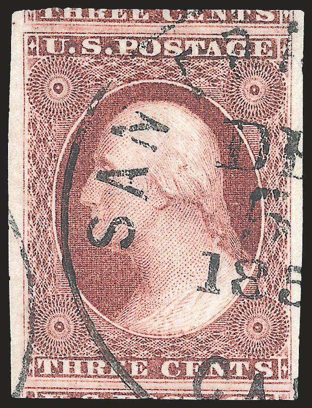 3c Claret, Ty. I (11 var).> Huge margins all around incl. significant portions of adjoining stamps at top and bottom, deep rich color, neat strike of San Francisco circular datestamp, Extremely Fine Gem example
of this shade variety, with 2002 P.F. c