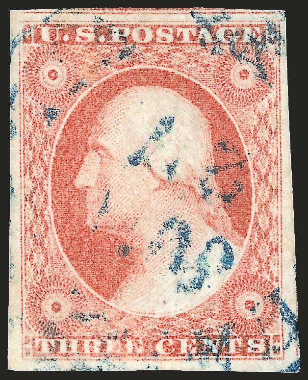 3c Rose Red, Ty. I (11 var).> Brilliant color, huge margins incl. part of adjoining stamp at top, unobtrusive <blue> circular datestamp, Extremely Fine Gem, with 2006 P.S.E. certificate (XF-Superb 95 SMQ
$325.00)