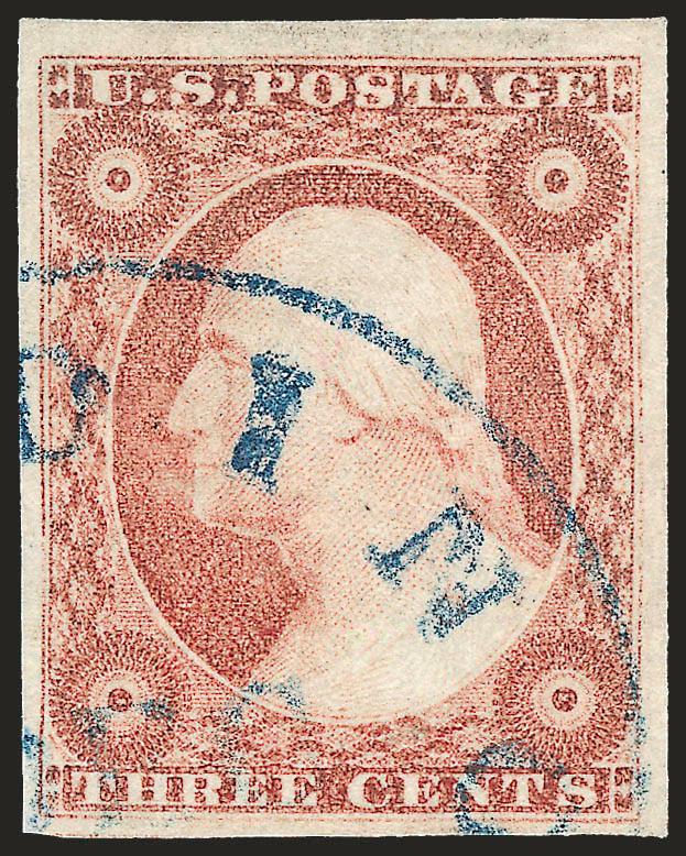 3c Dull Red, Ty. I (11).> Large even margins all around, brilliant color nicely complemented by <blue> circular datestamp, Extremely Fine Gem, with 2006 P.F. and 2007 P.S.E. certificates (XF-Superb 95 SMQ
$325.00)