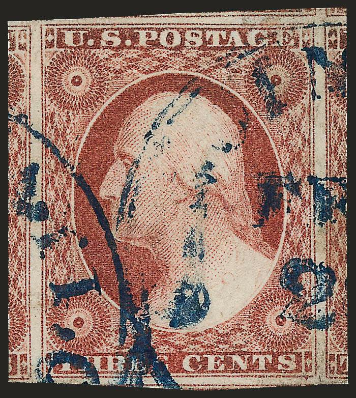 3c Brownish Carmine, Ty. II (11A).> Huge Jumbo margins incl. parts of five adjoining stamps, <blue> circular datestamp, Extremely Fine Gem, with 2007 P.S.E. certificate (XF-Superb 95 Jumbo SMQ $375.00 as 95,
$860.00 as 98)