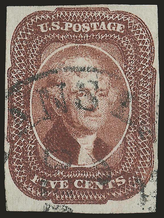 5c Red Brown (12).> Well-proportioned margins, neat New Orleans circular datestamp, fresh color, Very Fine, P.S.E. encapsulated (VF 80 SMQ $760.00)