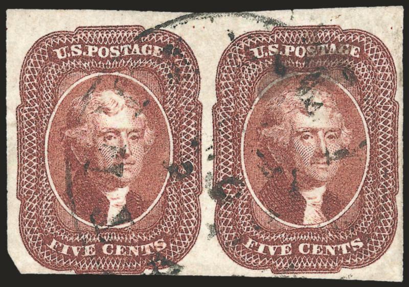 5c Red Brown (12).> Horizontal pair, A Relief from the top row of the plate, large margins to just in at bottom left and with part of <sheet margin at top,> single strike of circular datestamp, Fine-Very Fine,
ex Rust and Mayer, with 1983 P.F. certif