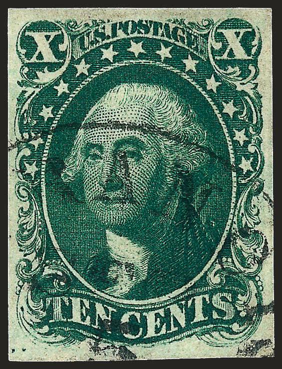 10c Green, Ty. I (13).> Large even margins, beautiful deep rich color and sharp impression, neat San Francisco datestamp, almost unnoticeable tiny laminated tear in top left corner, otherwise Extremely Fine,
with clean 1986 P.F. certificate and 2008