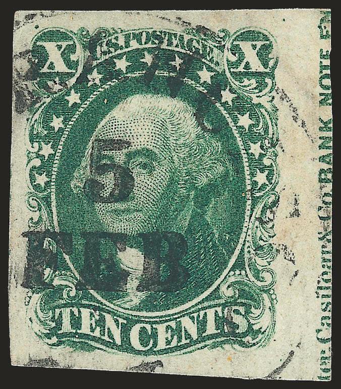 10c Green, Ty. II (14).> Huge margins all around incl. <sheet margin with part imprint at right,> deep rich color and sharp proof-like impression, bold strike of San Francisco circular datestamp<><>^EXTREMELY
FINE GEM. AN EXCEEDINGLY RARE IMPRINT C