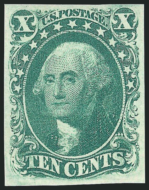 10c Green, Ty. III (15).> Unused (no gum), well-proportioned margins, crisp impression, beautiful deep color on bright paper<><>^VERY FINE AND CHOICE UNUSED EXAMPLE OF THE 10-CENT TYPE III 1855 ISSUE.^<><>With
1991 P.F. certificate.
