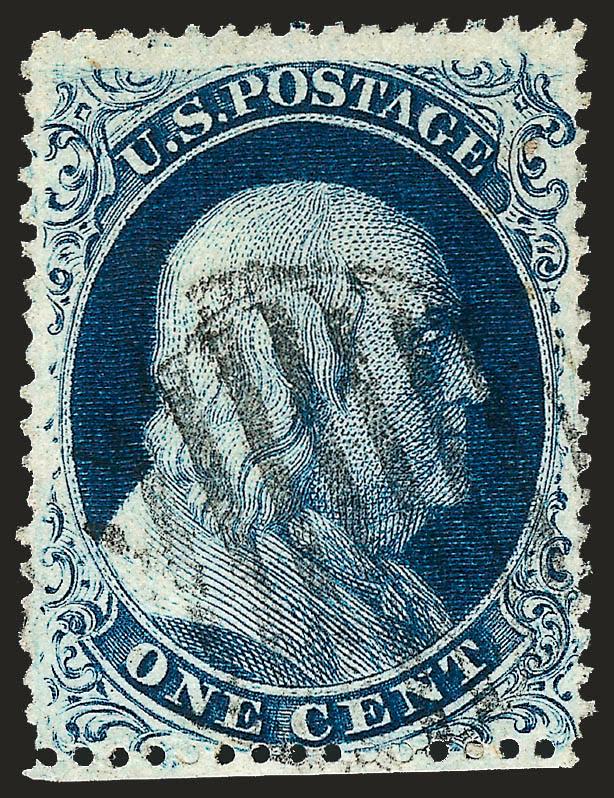 1c Blue, Ty. IIIa (22).> Plate 4, intact perfs at bottom and so clearly showing the characteristics of the type, deep rich color and proof-like impression on bright paper, natural fiber inclusion of little
consequence, Very Fine and choice, a pretty