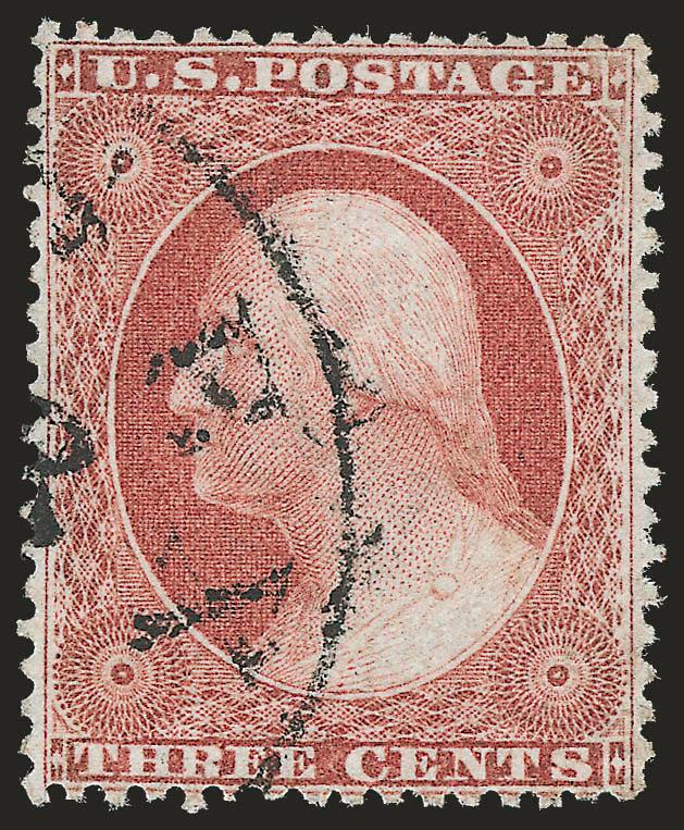 3c Rose, Ty. I (25).> Choice centering with balanced margins and framelines essentially intact on all four sides, radiant color, neat strike of circular datestamp, fresh and Extremely Fine, with 1999 P.F. and
2006 P.S.E. certificates (XF 90 SMQ $690
