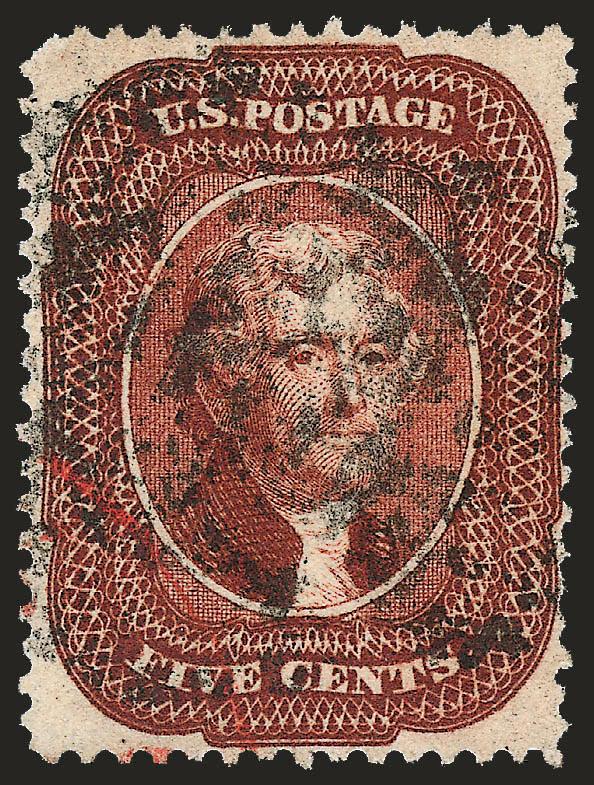 5c Bright Red Brown (28b).> Fresh color, choice centering with well-proportioned margins, indistinct strike of circular datestamp and also with part of red transit cancel, short top left corner perf, otherwise
Very Fine and choice example of this oft