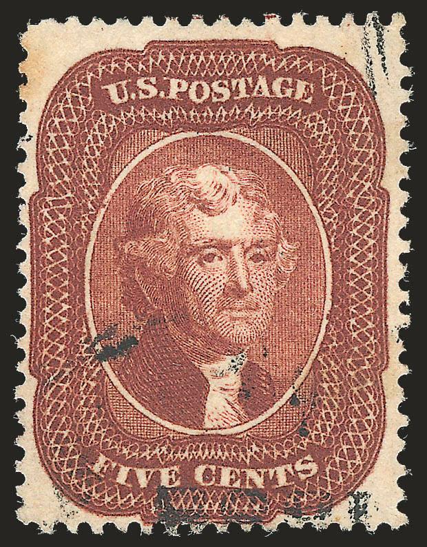 5c Indian Red (28A).> Exceptionally deep rich color, essentially face-free light partial circular datestamp, trivial light margin toning spot top left, otherwise Fine, overall a desirable example of this rare
and elusive 1857-60 Issue shade