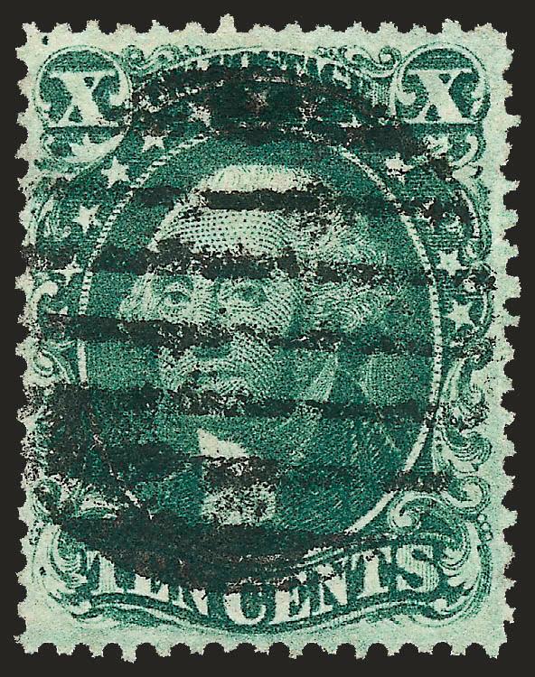 10c Green, Ty. II, III (32-33).> First with grid cancel, second with circular datestamp, rich colors, Fine-Very Fine, with 1987 and 1986 P.F. certificates respectively