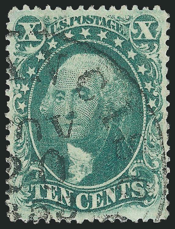 10c Green, Ty. III (33).> Wide and beautifully balanced margins framing the design all around, deep rich color and detailed impression, neat 1859 San Francisco circular datestamp<><>^EXTREMELY FINE GEM. A
SUPERB USED EXAMPLE OF THE 1857 10-CENT TYP