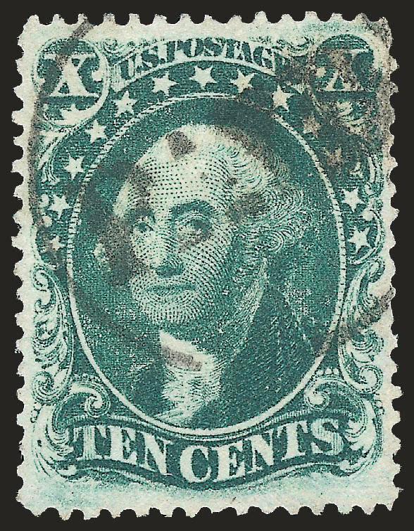 10c Green, Ty. III (33).> Wonderfully well-centered with margins clear of the design all around, rich color, neat PAID in circle cancel, Extremely Fine, with 2009 P.S.E. certificate (XF 90 SMQ $800.00)
