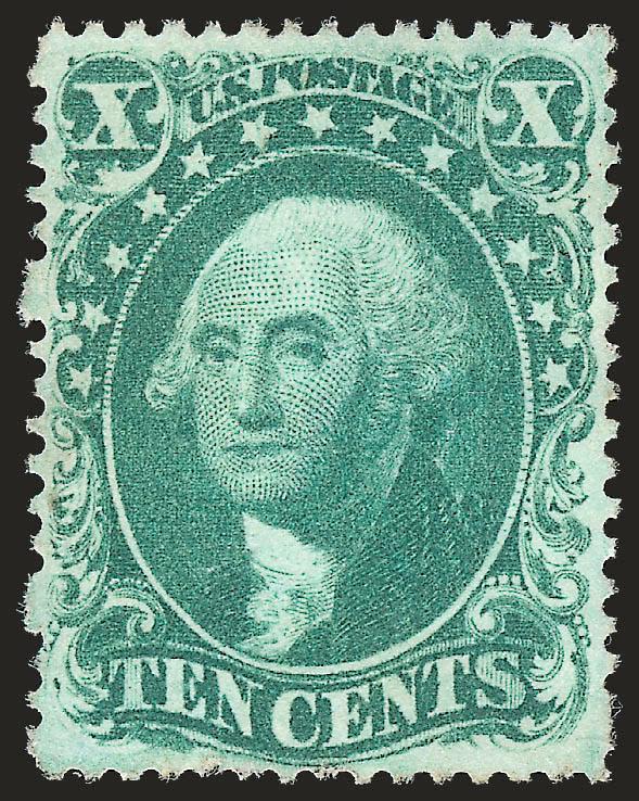 10c Green, Ty. IV (34).> Position 54L1, recut at bottom, nearly perfect centering, rich color and intense impression, faintly cancelled, appears unused, couple unpunched perf holes at left, a few short perfs
and lightly soiled at bottom, otherwise Ex