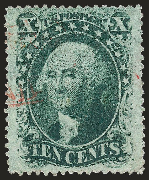 10c Green, Ty. V (35).> Marvelous centering and color, light <red> cancel with letters (either Paid or Mail), Extremely Fine Gem, with 2008 P.S.E. certificate (XF-Superb 95 SMQ $590.00)