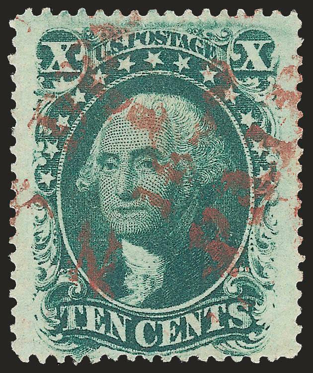 10c Green, Ty. V (35 var).> Position 78L2 with <Curl in Head,> rich color and detailed impression which clearly shows the variety, red cancel, Extremely Fine, a gorgeous example of this plate variety which is
known from only two positions, with 1991