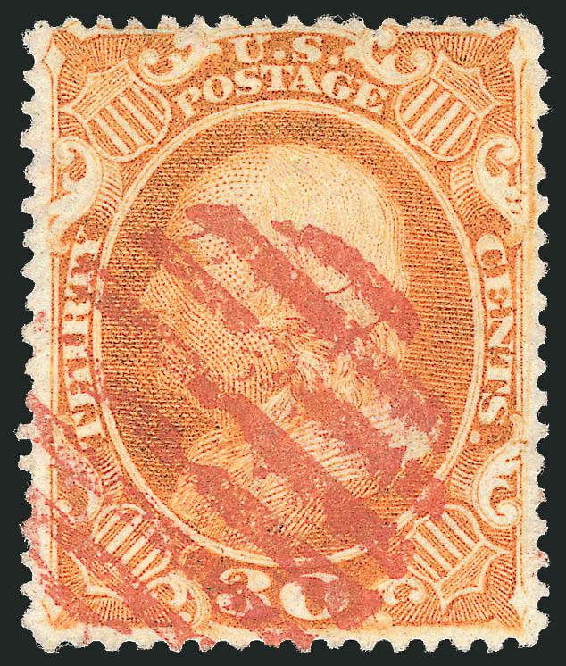 30c Orange (38).> Wide and balanced margins, beautiful warm color nicely complemented by red grid cancel, Extremely Fine, with 2004 P.S.E. certificate (XF 90 SMQ $1,350.00)