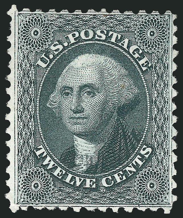 12c Greenish Black, Reprint (44).> Without gum as issued, detailed impression, well-proportioned margins for this tightly-spaced issue, tiny natural inclusion at top, Very Fine, only 489 sold, with 1979 P.F.
certificate