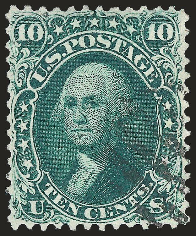 10c Dark Green, First Design (62B).> Exceptionally well-centered, deep rich color and grid cancel, reperfed at left, Extremely Fine appearance, with 2008 P.S.E. certificate