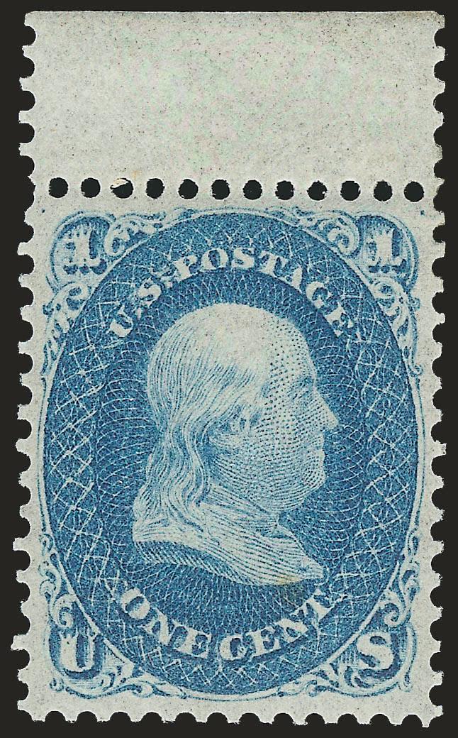 1c Blue (63). Mint N.H.> with selvage at top, rich color, well-proportioned margins, fresh and Extremely Fine, a beautiful stamp, with copy of 1989 and 2008 P.F. certificates (XF 90 XQ), Scott Retail as
hinged