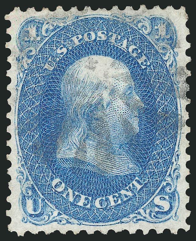 1c Blue (63).> Deep rich color on crisp paper, wide and balanced margins, light strike of circle of Vs cancel, Extremely Fine Gem, with 2008 P.S.E. certificate (XF-Superb 95 SMQ $610.00), only three have graded
higher to date
