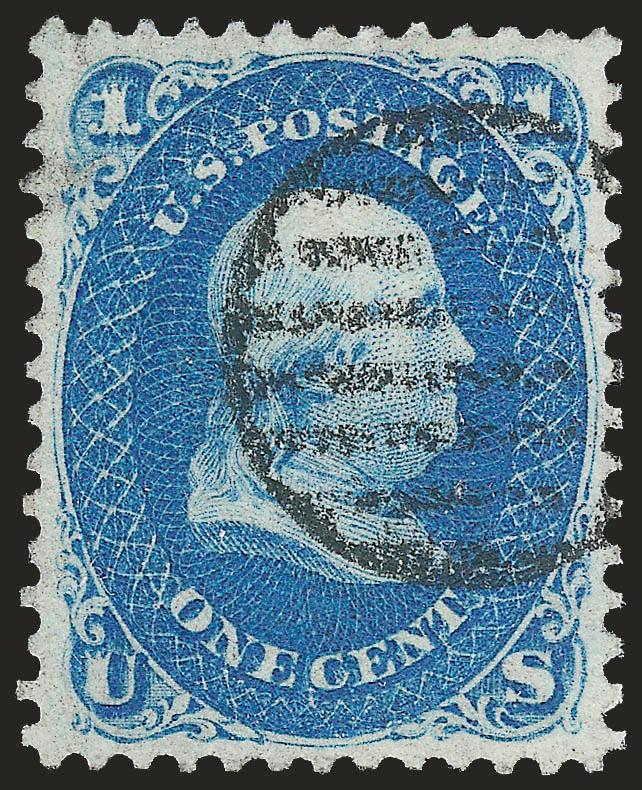 1c Bright Blue (63).> Magnificently centered with beautiful color, neat grid cancel, full perforations, Extremely Fine Gem, with 2009 P.S.E. certificate (XF-Superb 95 SMQ $610.00)