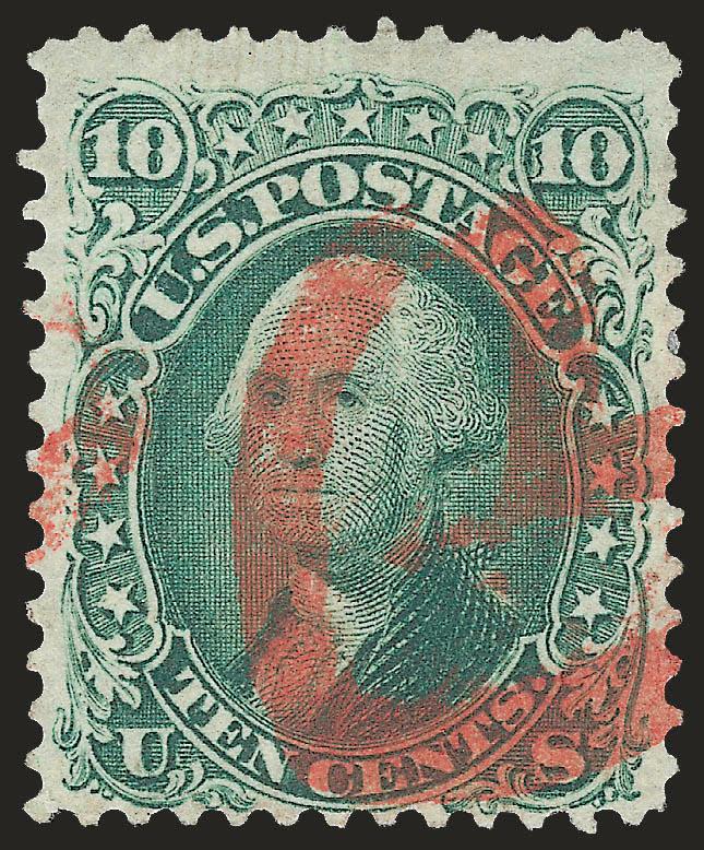 10c Yellow Green (68).> Tiny flaws, <large bold red New York Heart cancel,> Fine, very pretty example of this scarce fancy cancel
