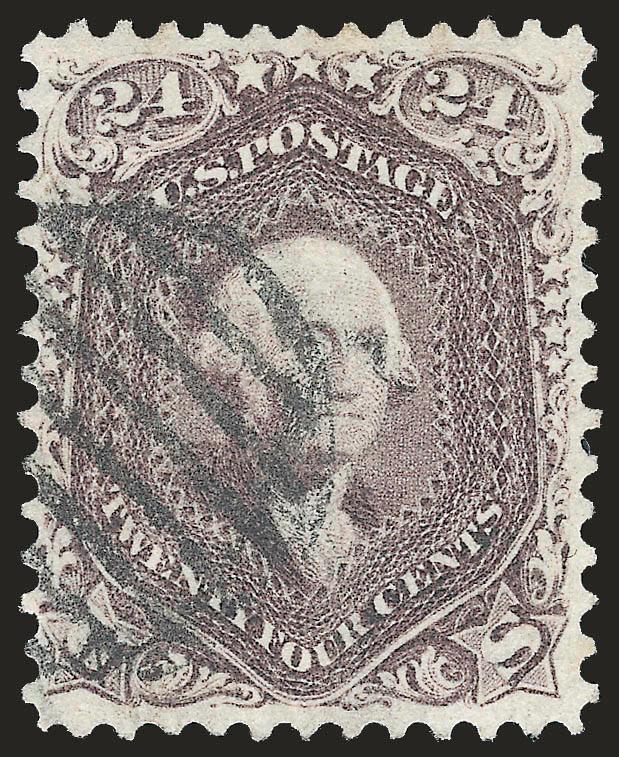 24c Red Lilac (70).> Deep rich color and proof-like impression, well-struck grid cancel, well-proportioned margins, fresh and Extremely Fine, with 2004 P.S.E. certificate (XF 90 SMQ $1,000.00)
