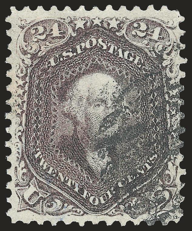 24c Red Lilac (70).> Nearly precise centering and with choice margins clear of the design all around, deep rich color, light black grid cancel, Extremely Fine, truly a premium used example, with 2008 P.S.E.
certificate (XF 90 SMQ $1,000.00)