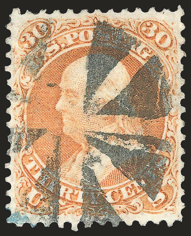 30c Orange (71).> Extraordinarily well-centered for this tightly-spaced issue, strong color, bold circle of wedges cancel, Extremely Fine, with 2008 P.S.E. certificate (XF 90 SMQ $550.00)