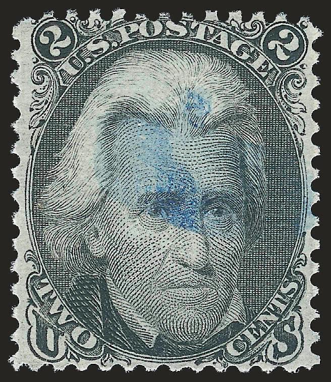 2c Black, D. Grill (84).> Better than typical centering, lightly struck central <blue> cork cancel, reperfed at bottom, Very Good appearance, with 2007 P.S.E. certificate