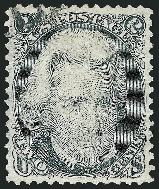 2c Black, E. Grill (87).> Choice centering with wide and balanced margins, crisp impression on bright paper, face free cancel leaves entire design unobscured<><>^EXTREMELY FINE GEM. A SUPERB USED EXAMPLE OF THE
1868 2-CENT E GRILL.^<><>With 1990