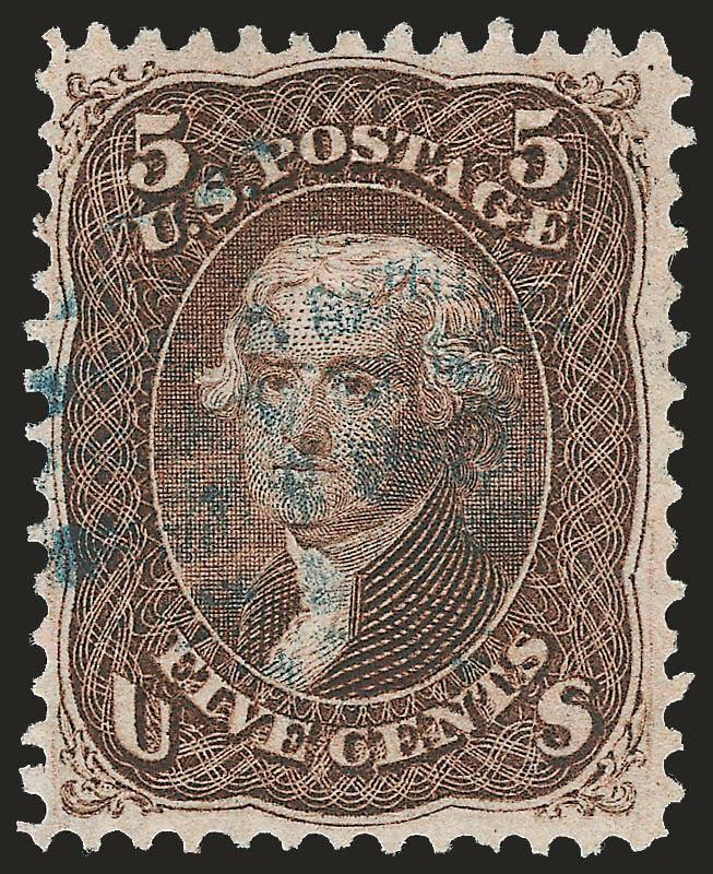 5c Brown, F. Grill (95).> Rich color with a light <blue grid> cancel, Very Fine and choice, with 2008 P.S.E. certificate (VF-XF 85 SMQ $1,350.00)