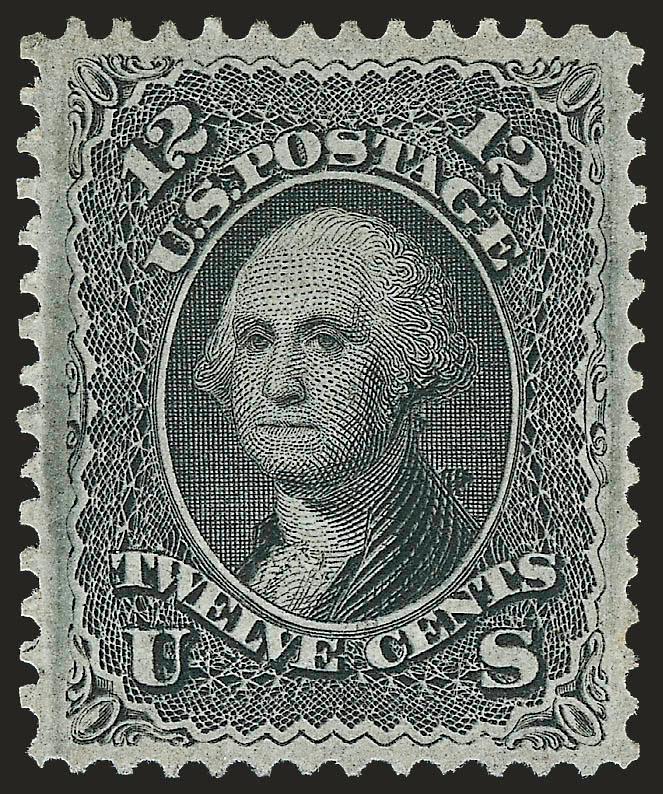 12c Black, F. Grill (97).> Original gum, lightly hinged, almost perfectly centered with remarkably wide margins all around capturing the characteristic plate burrs of 12c 1868 grills, intense shade and
impression, clearly-defined grill, reperfed righ