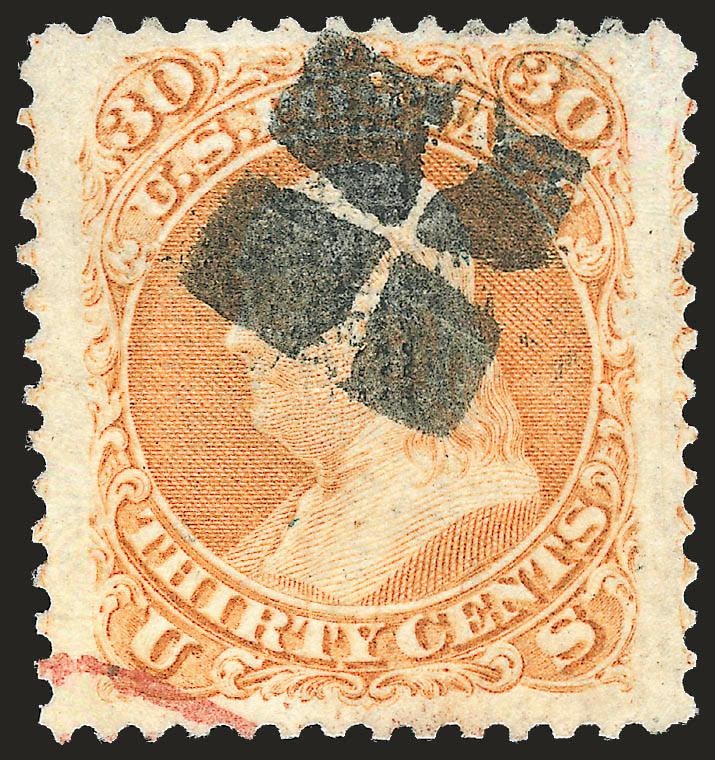 30c Orange, F. Grill (100).> Brilliant color, absolutely Jumbo margins at sides, bold segmented cork and part of red transit cancels, reperfed at right, Extremely Fine appearance, a huge stamp