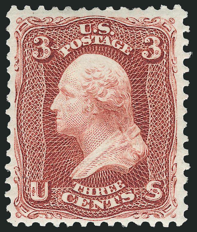 3c Brown Red, Re-Issue (104).> Original gum, wide and well-proportioned margins, deep rich color<><>^VERY FINE AND CHOICE ORIGINAL-GUM EXAMPLE OF THE 3-CENT 1861 RE-ISSUE.^<><>Only 465 sold. With 1992 P.F.
certificate