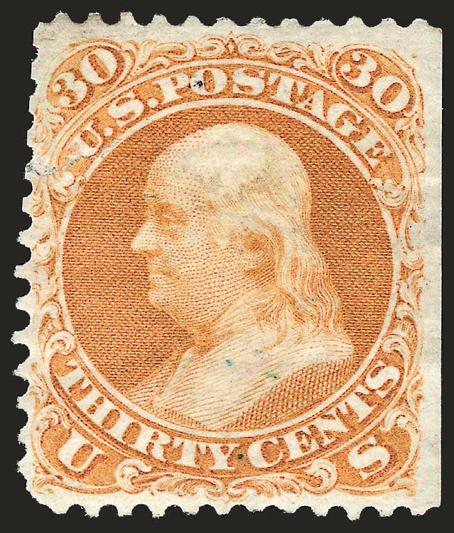 30c Brownish Orange, Re-Issue (110).> Unused (no gum), well-centered, natural s.e at right, small tear left and partly reperfed, otherwise Fine, only 346 sold (only a few survive with non-reperfed straight
edges!)