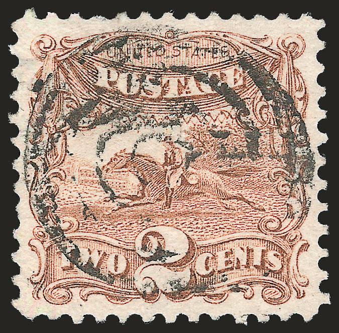 2c Brown (113).> Perfectly centered with unusually delicate light Brown color, neat target cancel, Extremely Fine Gem, with 2008 P.S.E. certificate (XF-Superb 95 SMQ $880.00)