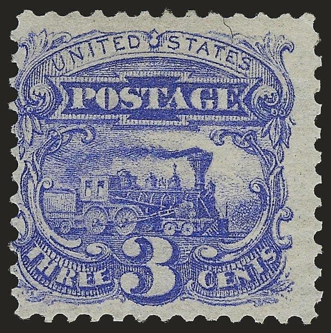 3c Ultramarine, Without Grill (114a).> Original gum, rich color, natural gum bend and diagonal crease at top left<><>^FINE APPEARING AND VERY RARE 1869 PICTORIAL ISSUE VARIETY. A KEY ITEM FOR THE SPECIALIST
COLLECTOR OF THIS POPULAR SERIES.^<><>W