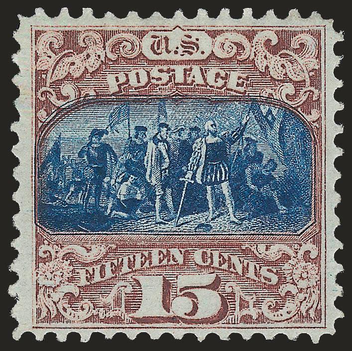 15c Brown & Blue, Ty. II (119).> Original gum, bright colors and crisp impressions on fresh paper, three wide margins<><>^VERY FINE AND CHOICE ORIGINAL-GUM EXAMPLE OF THE 15-CENT TYPE II 1869 PICTORIAL
ISSUE.^<><>With 1999 P.F. certificate