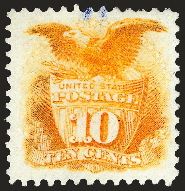 10c Yellow, Re-Issue (127).> Unused (no gum), intense color with a hint of oxidation, non-contemporary blue ink marks at top (not illustrated or mentioned on accompanying certificate), otherwise Very Fine, with
1990 P.F. certificate