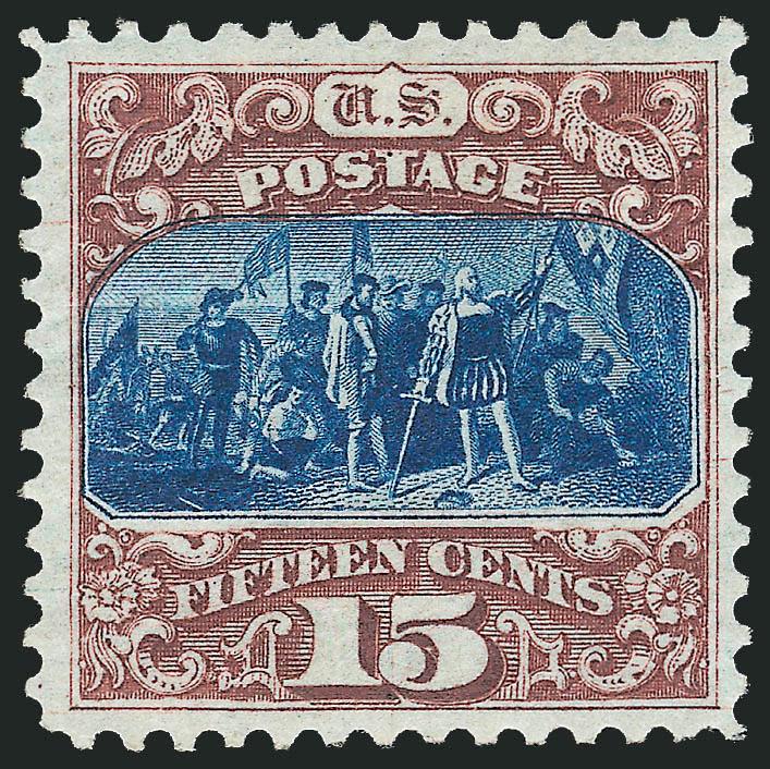 15c Brown & Blue, Re-Issue (129).> Original gum, beautiful vivid colors, wide and well-proportioned margins<><>^VERY FINE AND CHOICE ORIGINAL-GUM EXAMPLE OF THE 15-CENT 1869 PICTORIAL RE-ISSUE.^<><>With 1992
P.F. certificate