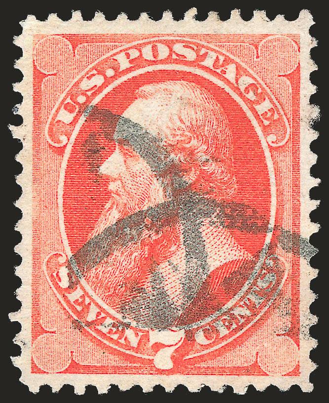 7c Vermilion, Grill (138).> H. Grill, strong grill points, rich color, choice margins and centering, neat strike of <New York Foreign Mail> cancel, Extremely Fine, with 2004 P.F. and 2005 P.S.E. certificates
(XF 90 SMQ $960.00), certificates do not