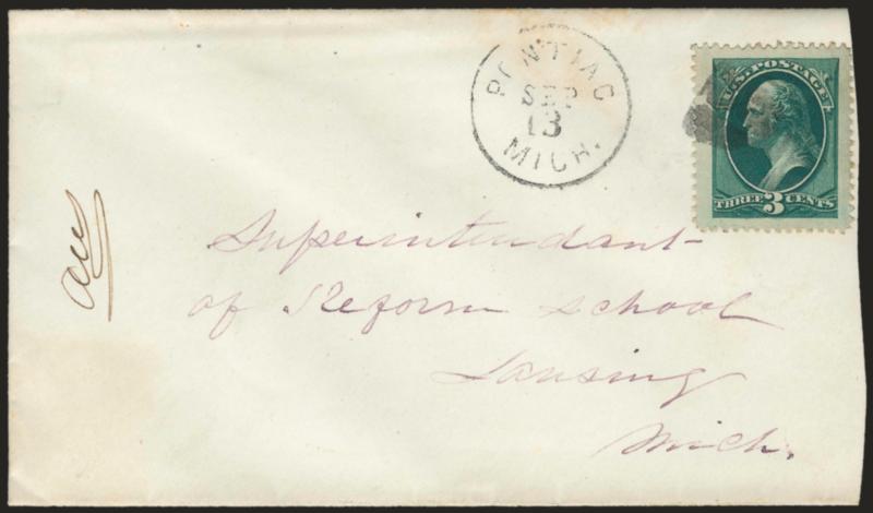 3c Green (184).> Mammoth Jumbo margins and essentially perfectly centered, rich color, tied by neat cork cancel, Pontiac Mich. Sep 13 circular datestamp on cover to Lansing, cover somewhat irregularly reduced
at right not affecting stamp which is a