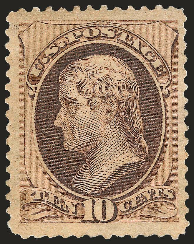 10c Brown, With Secret Mark (188).> Original gum, lightly hinged, rich color and proof-like impression, unusually wide margins<><>EXTREMELY FINE. A BEAUTIFUL WIDE-MARGINED ORIGINAL-GUM EXAMPLE OF THE 1879
10-CENT AMERICAN BANK NOTE ISSUE WITH SECRE