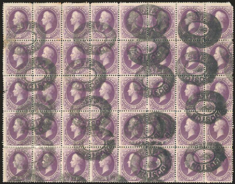 90c Purple (218).> Block of 40, bold strikes of Boston Mass. oval registry cancels, bright color, some flaws incl. sealed tears, perf separations and creases<><>^FINE. AN IMPRESSIVE LARGE MULTIPLE OF THE
90-CENT 1888 AMERICAN BANK NOTE COMPANY IS