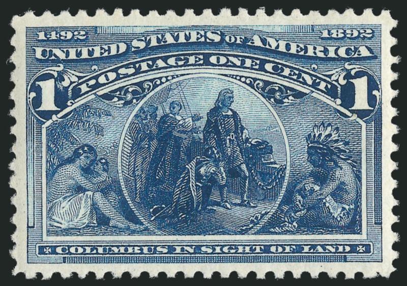 1c Columbian (230).> Mint N.H., rich color and proof-like impression on bright paper, wide and balanced margins, Extremely Fine Gem, with 1999 P.F. and 2006 P.S.E. certificates (XF-Superb 95 SMQ $385.00)