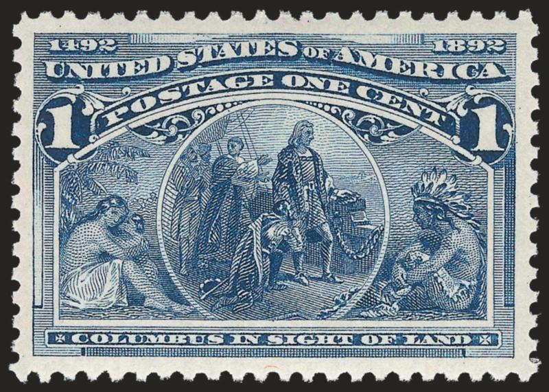 1c Columbian (230).> Mint N.H., wide margins and exceptionally well-centered, bright color and proof-like impression on crisp paper, Extremely Fine Gem, a beautiful stamp, with 1996 P.F. certificate