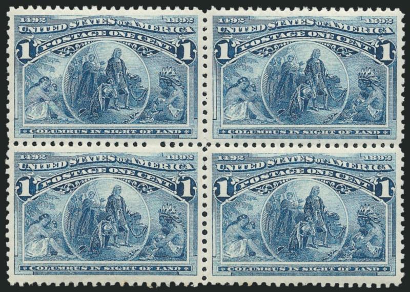 1c Columbian (230).> Mint N.H. block of four, wide margins and outstanding centering, wonderful bright color and impression, Extremely Fine, bottom pair exceptionally choice, with 2006 P.S.E. certificate, Scott
Retail as four Mint N.H. singles