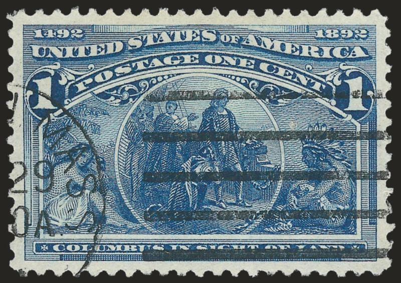 1c Columbian (230).> Mathematically perfect centering, rich color and proof-like impression on bright paper, neat strike of Mass. machine cancel<><>^EXTREMELY FINE GEM. THIS PHENOMENAL STAMP HAS BEEN AWARDED
THE GRADE OF GEM 100 BY P.S.E.^<><>Wit