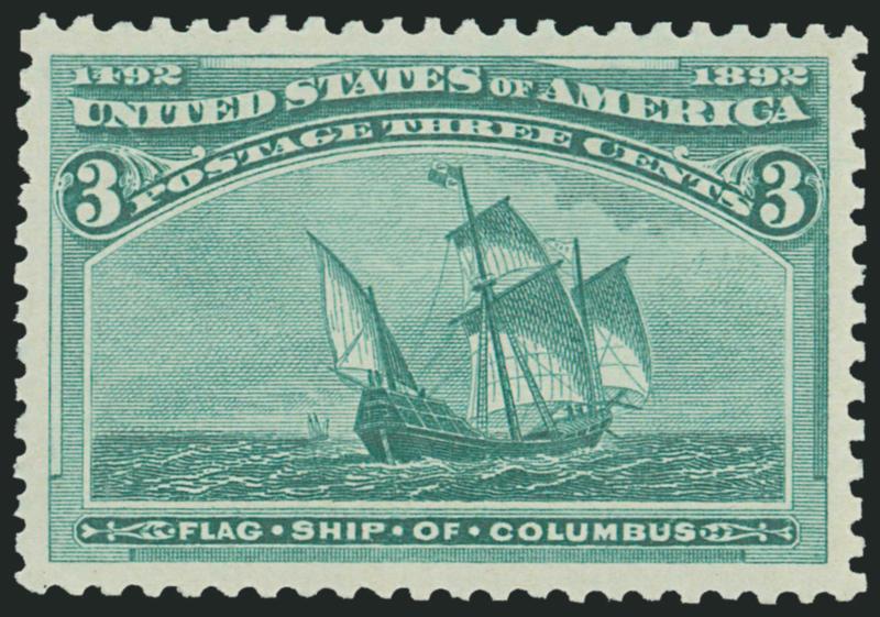 3c Columbian (232).> Mint N.H., deep rich color and proof-like impression, almost mathematically perfect centering<><>^EXTREMELY FINE GEM. A SUPERB MINT NEVER-HINGED EXAMPLE OF THE 3-CENT COLUMBIAN ISSUE, WHICH
HAS BEEN GRADED SUPERB 98 BY P.S.E.^<
